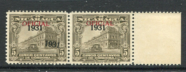 NICARAGUA - 1931 - VARIETY: 5c sepia 'National Palace' issue, a fine mint pair with red 'OFICIAL' overprint and variety '1931' OVERPRINT DOUBLE on left hand stamp only. (SG O672 & O672a)  (NIC/25120)
