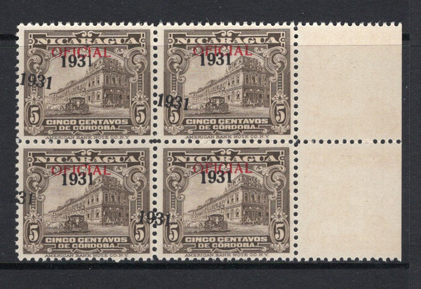 NICARAGUA - 1931 - VARIETY: 5c sepia 'National Palace' issue, a fine mint block of four with red 'OFICIAL' overprint and variety '1931' OVERPRINT DOUBLE on all four stamps. (SG O672a)  (NIC/25121)