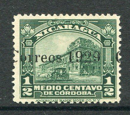 NICARAGUA - 1929 - PROVISIONAL ISSUE: ½c deep green 'National Palace' issue with UNISSUED 'Correos 1929' TRIAL overprint in black, a fine mint copy. (Maxwell #607N)  (NIC/25127)