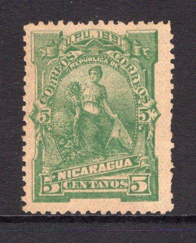 NICARAGUA - 1891 - SEEBECK ISSUE & VARIETY: 5c green 'Seebeck' issue with variety 'FRANQUEO OFICIAL' OVERPRINT OMITTED. A mint copy, gum toned. (SG O49, Maxwell #O13b)  (NIC/25129)