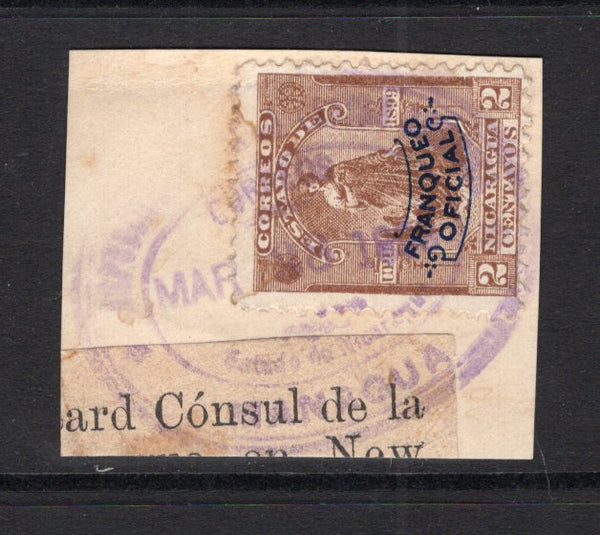 NICARAGUA - 1899 - SEEBECK OFFICAL ISSUE: 2c pale brown 'Seebeck' issue with 'FRANQUEO OFICIAL' overprint in blue tied to small piece showing partial address of the Consul in New York tied by oval MANAGUA cancel dated MAR 23 1899. (SG O138)  (NIC/25140)