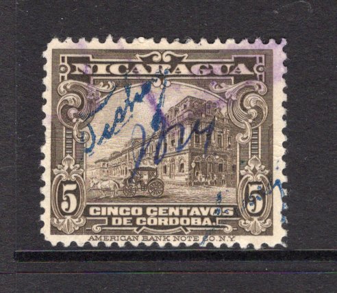 NICARAGUA - 1935 - POSTMASTER PROVISIONAL: 5c sepia used with 'MY' Postmaster's Initials validating the stamp after a large theft of stamps from the Treasury on November 16th 1935. Uncommon. (SG 782)  (NIC/25197)