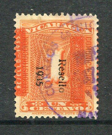 NICARAGUA - 1935 - VARIETY: 1c orange TAX issue with 'RESELLO 1935' overprint in black and variety boxed 'RESELLO 1935' OVERPRINT DOUBLE in red (one reading up and one reading down). A fine cds used copy. (SG 837a variety)  (NIC/25215)