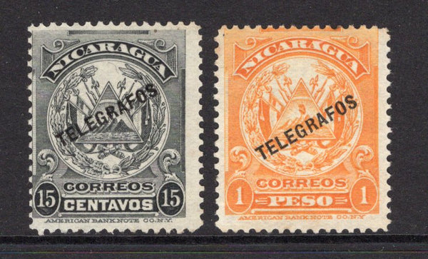 NICARAGUA - 1910 - TELEGRAPH ISSUE: 15c dark grey and 1p yellow orange ABNCo. 'Arms' issue with diagonal 'TELEGRAFOS' overprint in black. Both fine unused examples. (Barefoot 135 & 137)  (NIC/26475)