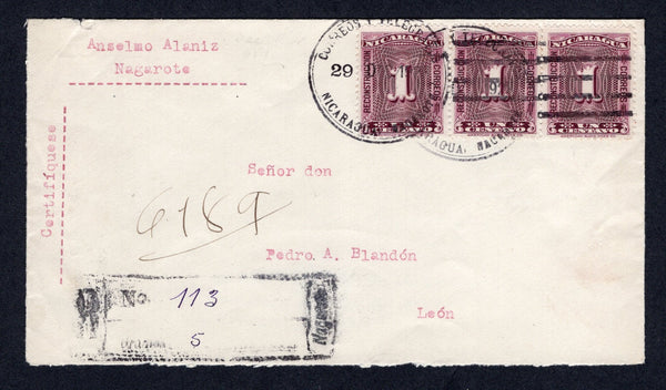 NICARAGUA - 1928 - CANCELLATION & REGISTRATION: Registered cover franked with two strips of three 1928 1c plum TAX issue (SG 604) one on front & one on reverse tied by multiple strikes of CORREOS Y TELEGRAFOS NAGAROTE cds with boxed registration handstamp alongside. Addressed to LEON with arrival cds on reverse. A very scarce origination.  (NIC/26813)