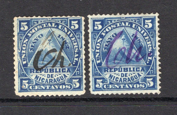 NICARAGUA - 1882 - CANCELLATION: 5c blue 'UPU' issue two copies each used with fine 'Ch' manuscript cancel in purple or black of CHINANDEGA. Very scarce. (SG 22)  (NIC/28619)