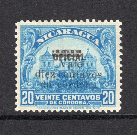 NICARAGUA - 1921 - VARIETY: 10c on 20c blue 'Provisional' issue with variety 'DA FOR DE', a fine mint copy. (SG 443c)  (NIC/28632)