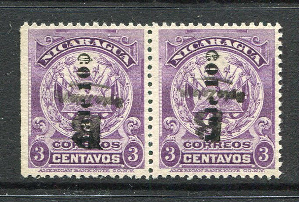 NICARAGUA - ZELAYA - 1906 - VARIETY: 10c on 3c violet 'Arms' issue with surcharge reading up a fine unused pair from the lefthand side of the sheet with straight edge showing variety 'B Dpto Zelaya' OVERPRINT INVERTED on both stamps. (SG B34)  (NIC/28647)