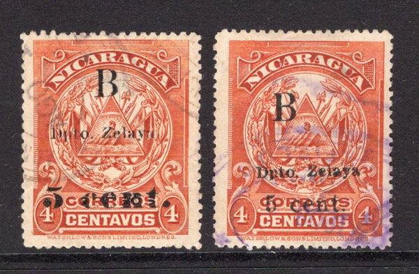 NICARAGUA - ZELAYA - 1907 - SURCHARGE ISSUE: 5c on 4c orange brown Waterlow 'Arms' issue two copies showing the two different types of '5 CENT' surcharge (small and large). Both fine lightly used. (SG B42/B43)  (NIC/28650)