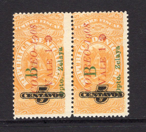 NICARAGUA - ZELAYA - 1908 - VARIETY: 1c on 5c yellow 'Revenue' issue with 'CORREO - 1908' overprint and 'B Dpto Zelaya' overprint in green, a fine mint pair with variety 'DROPPED 9 IN 1908' on both stamps. (SG B64, Maxwell #278c)  (NIC/28654)