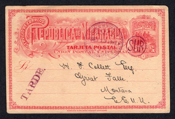 NICARAGUA - 1892 - POSTAL STATIONERY & INSTRUCTIONAL MARK: 3c carmine on buff 'Seebeck' postal stationery card (H&G 17) with two line 'The Nicaragua Mail Steam Navigation & Trading Co. San Juan Del Norte' company handstamp in red on reverse used with SAN JUAN DEL NORTE 'SUR' duplex cds with fine strike of straight line 'TARDE' alongside. Addressed to USA with transit and arrival cds's on reverse.  (NIC/28711)