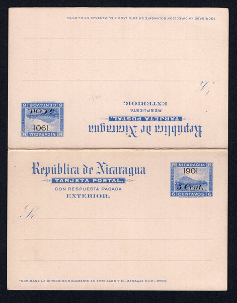 NICARAGUA - 1901 - POSTAL STATIONERY: 5c + 5c on 6c + 6c ultramarine on cream 'Momotombo' postal stationery replycard (H&G 53). A fine unused example.  (NIC/28715)