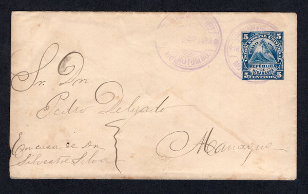 NICARAGUA - 1889 - POSTAL STATIONERY: 5c blue on buff 'UPU' postal stationery envelope (H&G B1) used with two strikes of MOMOTOMBO cds in purple dated MAR 29 1889. Addressed to MANAGUA with arrival cds on reverse.  (NIC/28716)