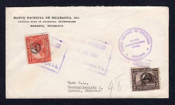 NICARAGUA - 1937 - OFFICIAL ISSUE: Printed 'Banco Nacional de Nicaragua, Managua' cover franked with 1937 3c chocolate and 5c vermilion both with circular 'Arms' OFFICIAL overprints in black (SG O937/O938, the 3c has torn corner) tied by boxed CORREO ORDINARIO MANAGUA cancels with official cachet alongside. Addressed to SWITZERLAND with CORINTO transit cds on reverse. Uncommon issue on cover.  (NIC/28737)