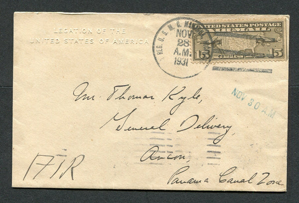 NICARAGUA - 1932 - US MARINES: Cover franked with USA 1926 15c olive brown AIR issue (SG A629) tied by good strike of 5th REG U.S.M.C. MANAGUA NICARAGUA cds dated NOV 28 1931. Addressed to CANAL ZONE with CRISTOBAL arrival cds on reverse.  (NIC/28739)