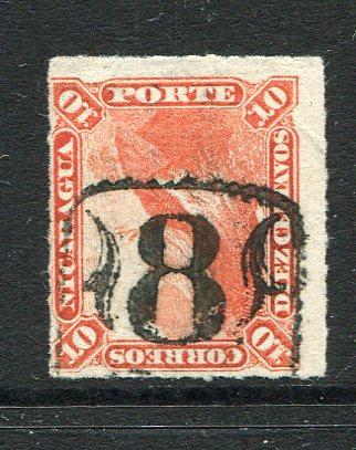NICARAGUA - 1869 - CANCELLATION: 10c vermilion 'Volcano' issue on thin hard paper, rouletted, a fine used copy with part strike of '8CH' numeral cancel of CHINANDEGA. (SG 18)  (NIC/30438)
