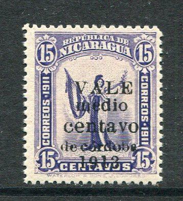 NICARAGUA - 1913 - VARIETY: 'Medio Centavo' on 15c violet 'Waterlow' issue with overprint in black a fine mint copy. Rare stamp. (Maxwell #387)  (NIC/30467)
