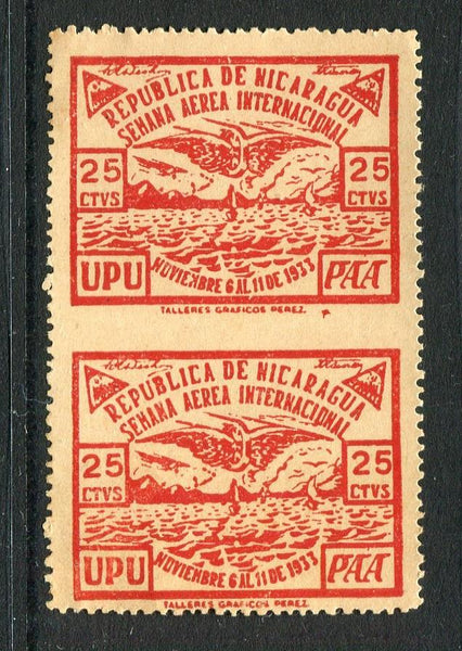 NICARAGUA - 1933 - VARIETY: 25c red 'International Airmail Week' issue, a fine unused IMPERF BETWEEN PAIR. Stamp slightly toned but a scarce variety. (Sanabria #136a, Maxwell #A113a)  (NIC/30506)
