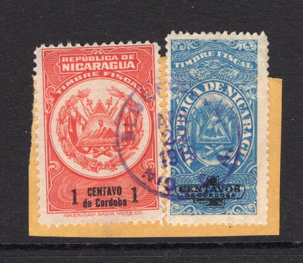 NICARAGUA - 1919 - ZELAYA - POSTAL FISCALS: 1c orange 'Timbre Fiscal' REVENUE and 1c blue 'Tall Type' REVENUE issue both tied on small piece by BLUEFIELDS cds dated APR 22 1919. These revenues were authorised for use due to the stamp shortage which resulted in the 1919 Bluefields Provisionals.  (NIC/30512)