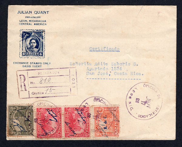 NICARAGUA - 1933 - STAMP DEALER & REGISTRATION: Printed 'Julian Quant Philatelist LEON, NICARAGUA, Central America' envelope with image of a Chinese stamp at top left inscribed 'Exchange stamps only basis Yvert' franked with 1933 1c blackish green, pair 2c bright carmine and 1c orange TAX issue all with 'Signature' opts (SG 778/779 & 790) all tied by OFICINA DE CERTIFICADOS LEON cds's dated NOV 17 1933 with boxed 'LEON' registration marking alongside. Addressed to COSTA RICA with 'Red Cross' CINDERELLA lab