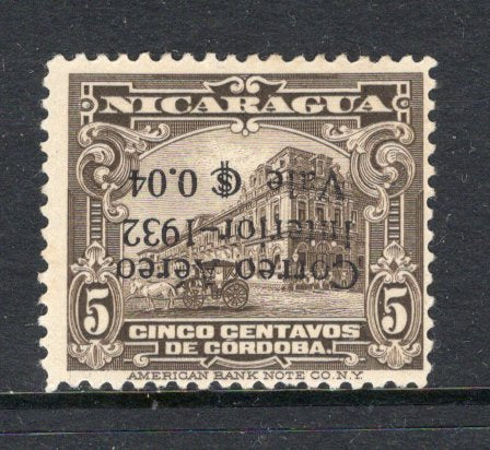 NICARAGUA - 1932 - VARIETY: 4c on 5c sepia AIR 'Surcharge' issue, a fine mint copy with variety OVERPRINT INVERTED. (SG 713 variety, Maxwell #A55a)  (NIC/32335)