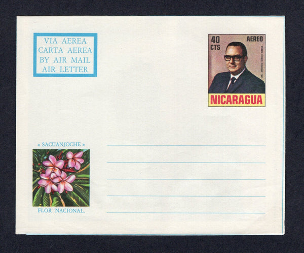 NICARAGUA - 1972 - POSTAL STATIONERY: 40c 'President Somoza' issue postal stationery airletter with multicoloured view inside of 'Monumento a Ruben Dario en el Parque Dario, Managua, D.N.'. Fine unused.  (NIC/3286)