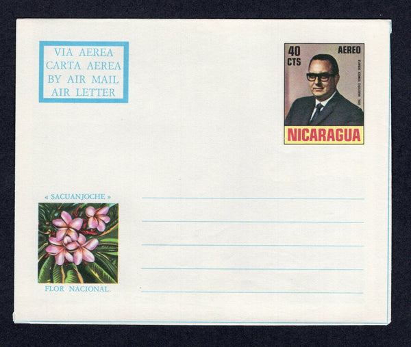 NICARAGUA - 1972 - POSTAL STATIONERY: 40c 'President Somoza' issue postal stationery airletter with multicoloured view inside of 'Fiestas Tipicas de Diriamba'. Fine unused.  (NIC/3287)