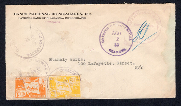 NICARAGUA - 1933 - OFFICIAL MAIL: Printed 'Banco Nacional de Nicaragua' cover from GRANADA with GRANADA cds dated AUG 2 1933 and official cachet and signature franked with 1933 1c orange and 2c yellow '441st Anniversary of Departure of Columbus from Palos' issue inscribed 'CORREO OFICIAL' (SG O777/O778) applied in transit and cancelled by CORINTO cds's dated AUG 12 1933. Addressed to USA. Cover has a little staining at right well away from the stamps & markings but a very scarce issue used on cover.  (NIC/