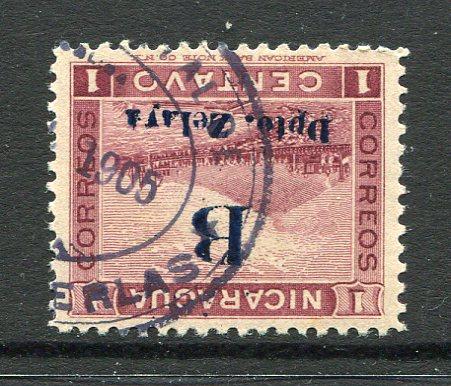 NICARAGUA - ZELAYA - 1904 - CANCELLATION: 1c claret 'Momotombo' issue with 'B Dpto Zelaya' handstamp in blue from the Managua special printing, a fine used copy with part strike of LAGUNA DE PERLAS oval cancel in purple dated 1905. (Maxwell #LB23R)  (NIC/34121)
