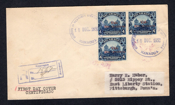 NICARAGUA - 1932 - PROVISIONAL ISSUE: Registered First Day Cover franked with strip of three 1932 2c on 4c blue (SG 737) tied by MANAGUA CERTIFICADOS cds's dated 10 DEC 1932 with boxed 'Managua' registration marking alongside. Addressed to USA with various transit & arrival marks on reverse.  (NIC/34611)