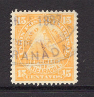 NICARAGUA - 1882 - UPU ISSUE: 15c yellow 'UPU' issue, a very fine used copy part oval GRANADA cancel in purple dated MAR 1887. (SG 24)  (NIC/34615)