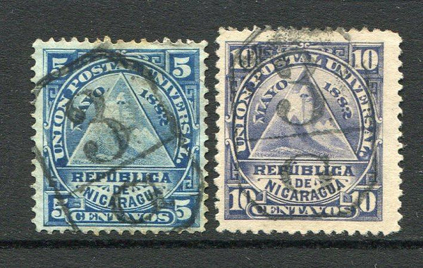 NICARAGUA - 1882 - CANCELLATION: 5c blue and 10c slate violet 'UPU' issue both used with fine complete strikes of '3 G' cancel of GRANADA in black. (SG 22/23)  (NIC/34625)