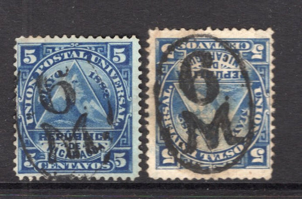 NICARAGUA - 1882 - CANCELLATION: 5c blue 'UPU' issue, two shades used with fine complete strikes of '6 M' cancel of MANAGUA in black. (SG 22)  (NIC/34630)