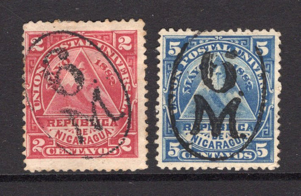 NICARAGUA - 1882 - CANCELLATION: 2c carmine and 5c blue 'UPU' issue used with fine complete strikes of '6 M' cancel of MANAGUA in black. (SG 21/22)  (NIC/34632)