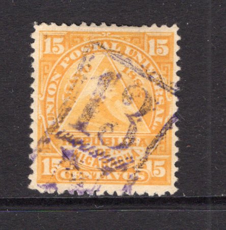 NICARAGUA - 1882 - CANCELLATION: 15c yellow 'UPU' issue used with fine complete strike of '13 N' cancel of SAN JUAN DEL NORTE in purple. Scarce. (SG 24)  (NIC/34647)