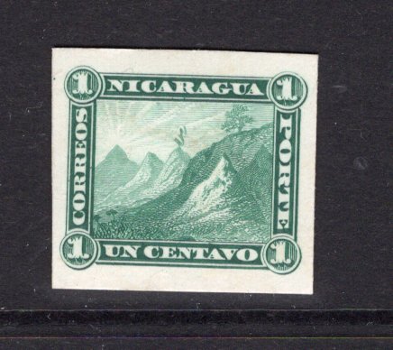 NICARAGUA - 1862 - PROOF: 1c green 'Volcano' issue a fine IMPERF COLOUR TRIAL on thick card in unissued colour. Ex ABNCo. Archive. (As SG 3)  (NIC/36993)