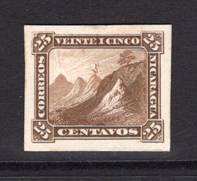 NICARAGUA - 1862 - PROOF: 25c brown 'Volcano' issue a fine IMPERF COLOUR TRIAL on thick card in unissued colour. Ex ABNCo. Archive. (As SG 7)  (NIC/36997)