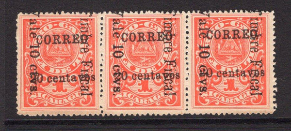 NICARAGUA - 1911 - RAILWAY COUPON ISSUE: 20c on 10c on 1c vermilion with opt upright 'Railway Coupon' issue a in fine unused strip of three. (SG 324a)  (NIC/37016)