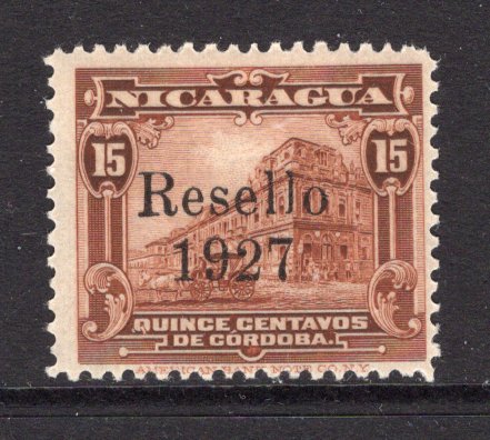 NICARAGUA - 1927 - RESELLO OVERPRINTS: 15c red brown with 'Resello 1927' in black, a fine mint copy. (SG 546)  (NIC/37031)