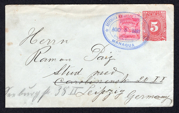 NICARAGUA - 1897 - POSTAL STATIONERY: 5c carmine on blue grey paper 'Seebeck' postal stationery envelope (H&G B37) dated '1897' used with added 1897 5c aniline rose (SG 101) tied by fine MANAGUA oval cancel dated AUG 5 1897. Addressed to GERMANY with transit & arrival marks on reverse.  (NIC/37073)