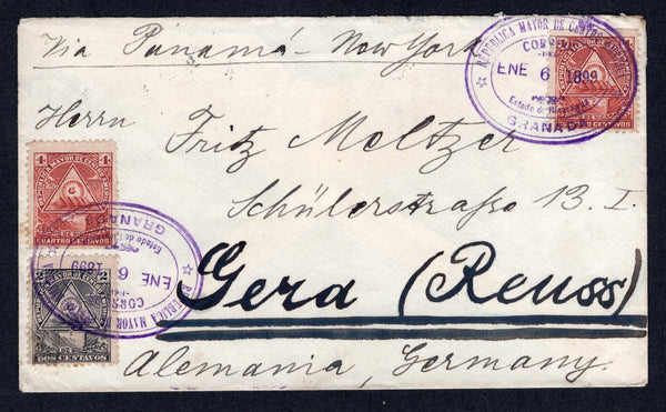 NICARAGUA - 1899 - SEEBECK ISSUE: Cover franked with 1898 2c grey and 2 x 4c lake 'Seebeck' issue (SG 109 & 110, the 2c has a repaired corner) tied by two strikes of oval GRANADA cancel in violet dated JAN 6 1899. Addressed to GERMANY with CORINTO and NEW YORK transit marks and German arrival mark on reverse. A very attractive cover.  (NIC/37086)