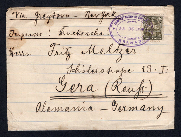 NICARAGUA - 1899 - SEEBECK ISSUE & RATE: Homemade wrapper with manuscript 'Impresos! Drucksache!' at top franked with single 1898 5c brown olive 'Seebeck' issue (SG 111) tied by fine oval GRANADA cancel dated JUL 26 1899. Addressed to GERMANY.  (NIC/37087)