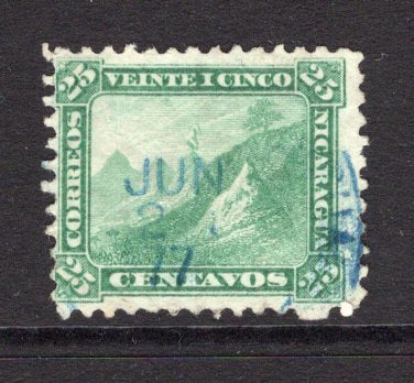 NICARAGUA - 1869 - CLASSIC ISSUES: 25c green 'Volcano' issue on soft porous paper, perf 12. A fine used copy with blue cds cancel dated JUN 21 1877. (SG 12)  (NIC/37864)