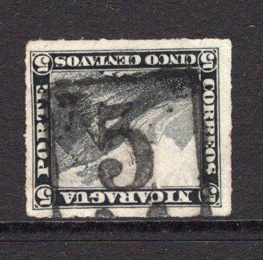 NICARAGUA - 1869 - CLASSIC ISSUES: 5c black 'Volcano' issue on soft porous paper, rouletted. A fine used copy with good part strike of '5 M' numeral cancel of MASAYA. (SG 14)  (NIC/37866)
