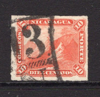NICARAGUA - 1869 - CANCELLATION: 10c vermilion 'Volcano' issue on thin hard paper, rouletted, a fine used copy with good part strike of '13 N' cancel of SAN JUAN DEL NORTE in black. (SG 18)  (NIC/37867)