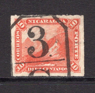 NICARAGUA - 1869 - CANCELLATION: 10c vermilion 'Volcano' issue on thin hard paper, rouletted, a fine used copy with good part strike of '3 G' numeral cancel of GRANADA. (SG 18)  (NIC/37868)