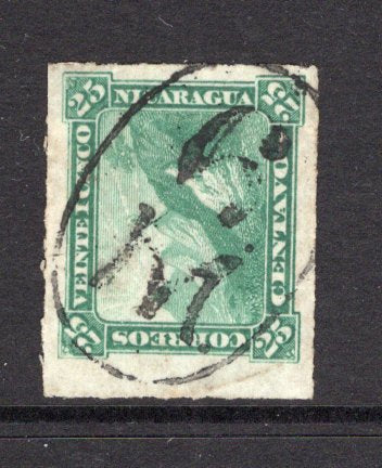 NICARAGUA - 1869 - CLASSIC ISSUES: 25c green 'Volcano' issue on thin hard white paper, rouletted, fine used with complete central strike of '6 M' cancel of MANAGUA. (SG 19)  (NIC/37869)