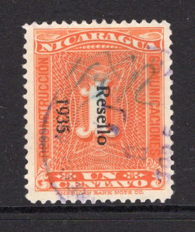 NICARAGUA - 1935 - POSTMASTER PROVISIONAL: 1c orange TAX issue used with 'Postmaster's Initials' validating the stamp after a large theft of stamps from the Treasury on November 16th 1935. Uncommon. (SG 818)  (NIC/37881)