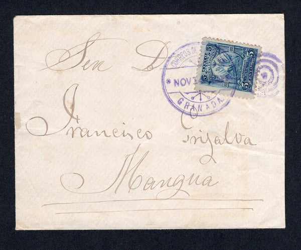 NICARAGUA - 1895 - SEEBECK ISSUE: Neat cover franked with single 1895 5c prussian blue 'Seebeck' issue (SG 79) tied by GRANADA duplex cds dated NOV 14 1895. Addressed internally to MANAGUA with arrival mark on reverse. Very attractive.  (NIC/37887)