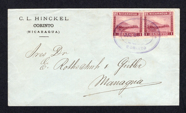 NICARAGUA - 1902 - MOMOTOMBO ISSUE & RATE: Unsealed cover franked with 2 x 1900 1c claret 'Momotombo' TRAIN issue (SG 137) tied by CORINTO oval cancel dated JUL 25 1902. Addressed internally to MANAGUA.  (NIC/37889)